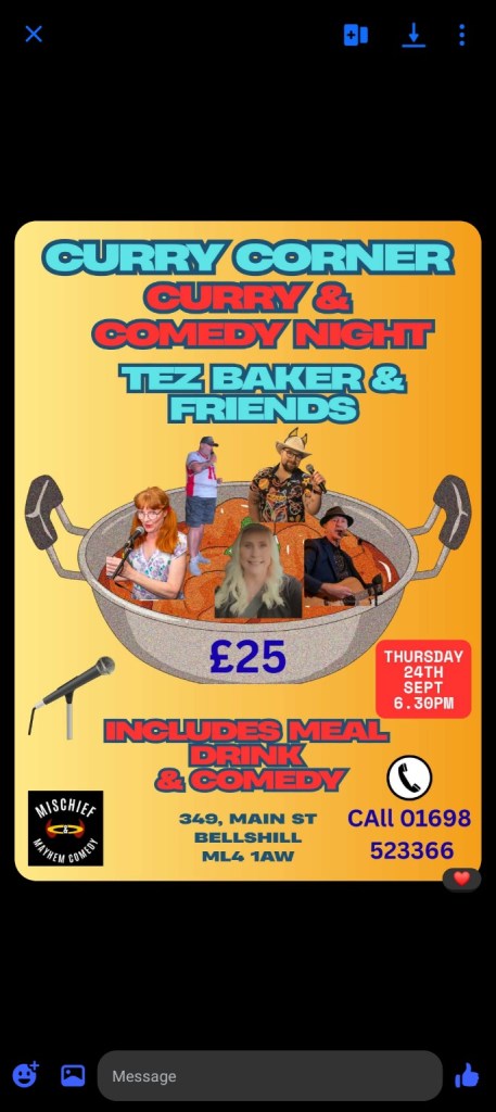 Poster for Curry Corner Curry and Comedy Night in Bellshill on 24 September 2026, featuring Si Walker and Tez Baker.
