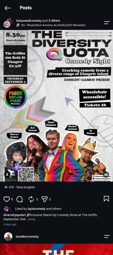 Poster for The Diversity Quota Comedy Night at The Griffin in Glasgow on 3 September 2026, featuring Si Walker.