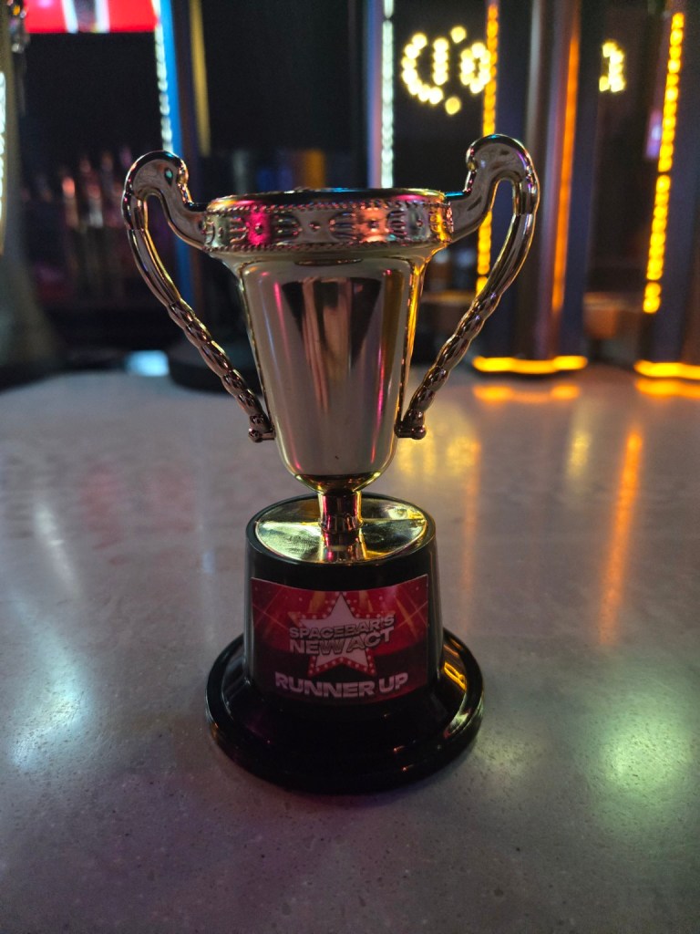 The SpaceBar New Act runner-up trophy on the bar at SpaceBar Arcade in Sunderland